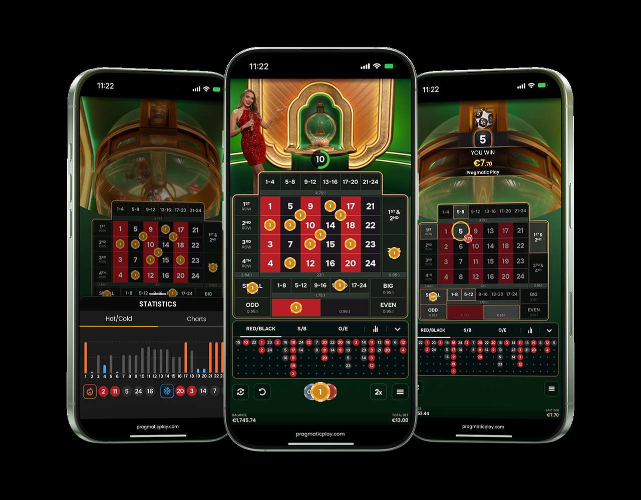 24D Spin live game on three phone screens showing the betting grid, the presenter and ball machine, and the statistics panel