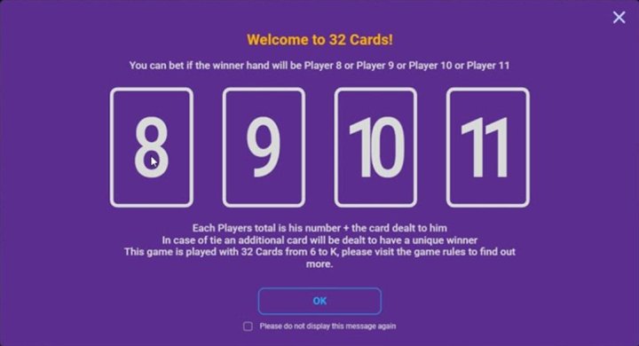 The 32 Cards welcome screen with the Player 8, 9, 10 and 11 tiles and the rule that each total is the number plus the card dealt