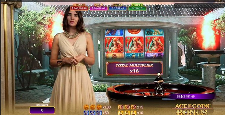 Age of the Gods Bonus Roulette host beside the bonus slot showing a total multiplier of 16x
