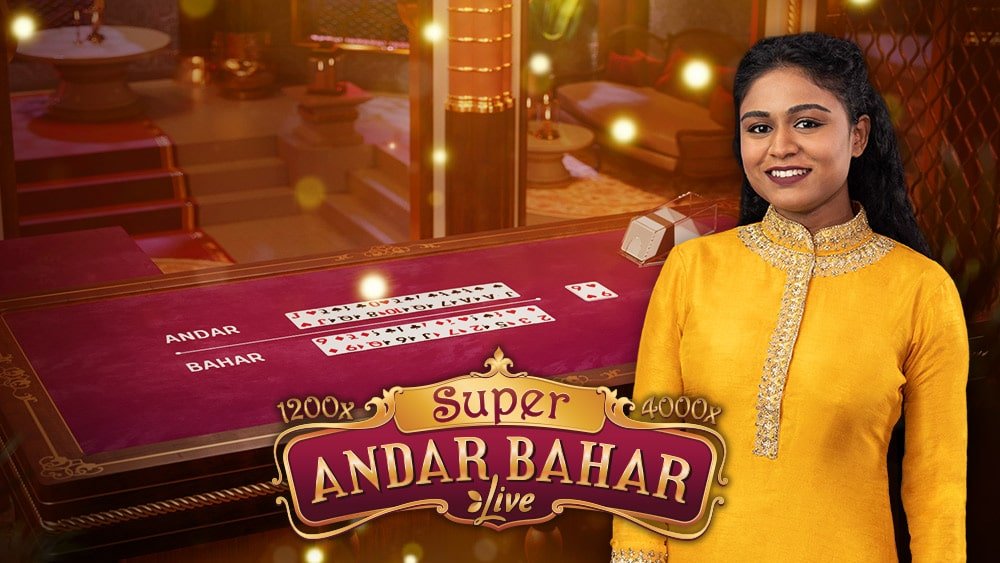 Super Andar Bahar live key art showing the Indian themed andar bahar live table with the Andar and Bahar rows of cards and the dealer