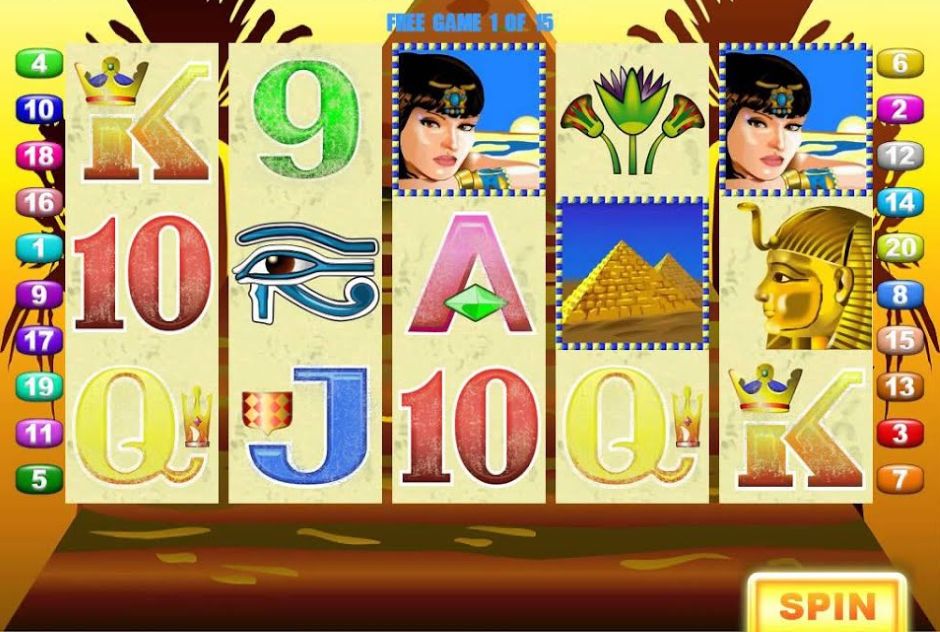 An Aristocrat slot running a free games round with numbered paylines beside the reels and a pyramid symbol held