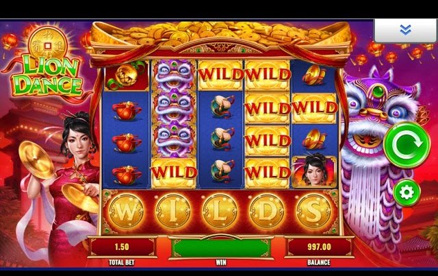 An Asian themed slot grid of coins and lion dance symbols with wilds across the reels above the bet and balance fields