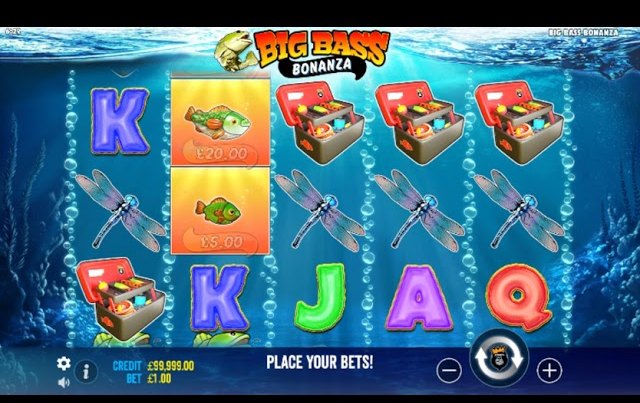 A fishing themed slot grid with fish symbols carrying printed cash values beside tackle boxes and dragonflies