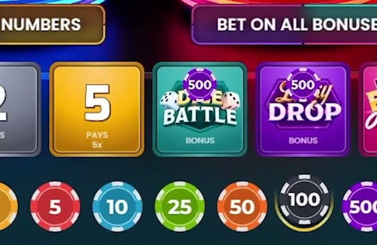 The Boom City live bet panel with the Dice Battle, Lucky Drop and Boom or Bust bonus tiles and the chip ladder