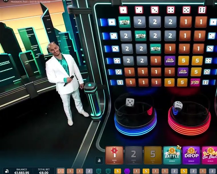 The Boom City live board with the 6x6 grid of multipliers and bonus tiles, the host and the two dice bins