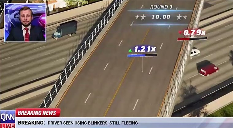 Busted or Bailed chase seen from above with Busted at 1.21x and Bailed at 0.79x, the presenter in an inset and a breaking news ticker