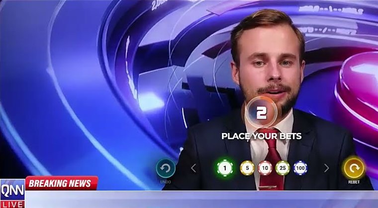 Busted or Bailed presenter at the news desk during betting time with chips from 1 to 100