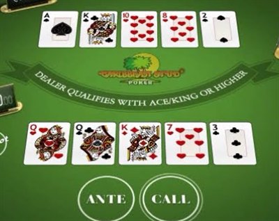 A Caribbean stud poker hand where the dealer holds Ace King against a player pair of queens