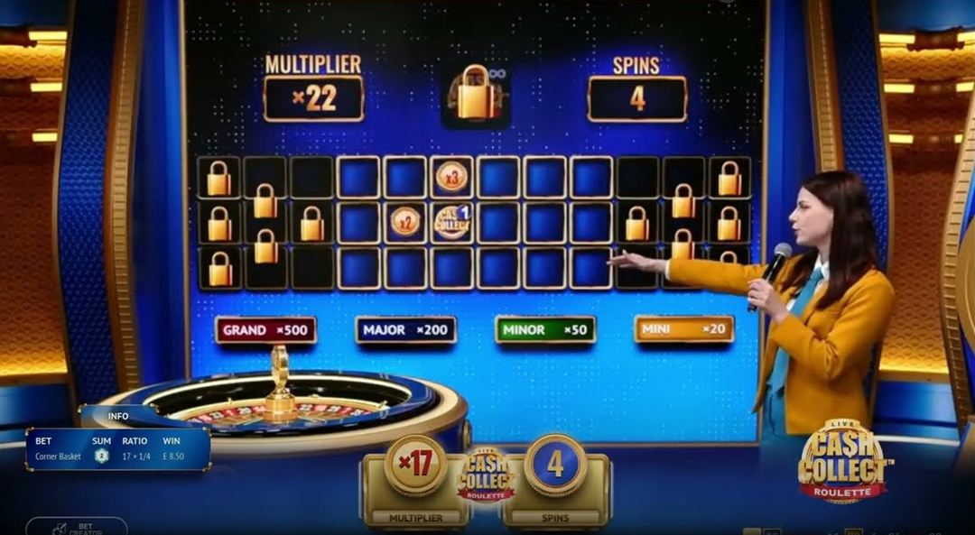 Cash Collect Roulette bonus grid with a 22x multiplier, four spins left and Grand, Major, Minor and Mini prizes beside the presenter