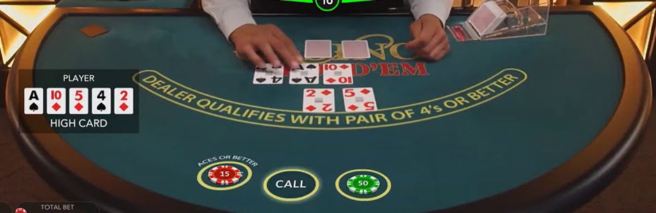 A live casino holdem table showing a player high card hand beside the Aces or Better and Call circles