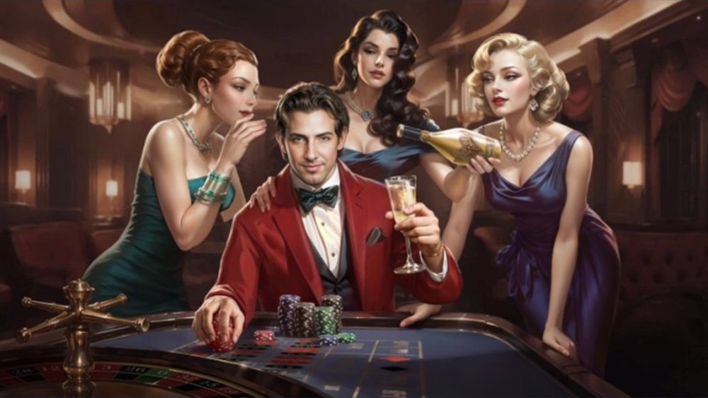 Casinova Casino hero art of a man in a red dinner jacket at a roulette table with three women in evening dresses