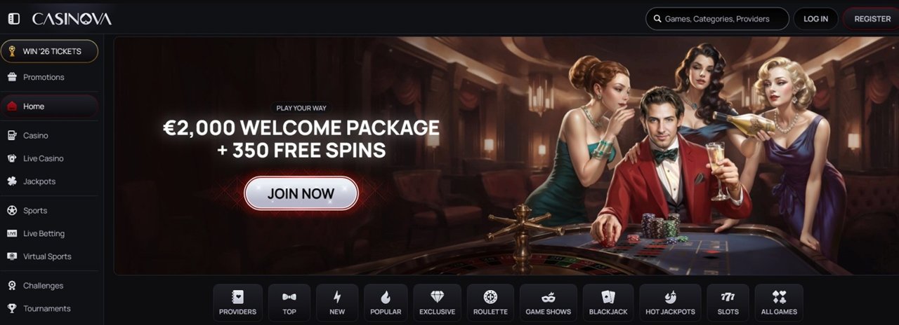 Casinova Casino lobby with the welcome banner, the left menu and the game category tiles