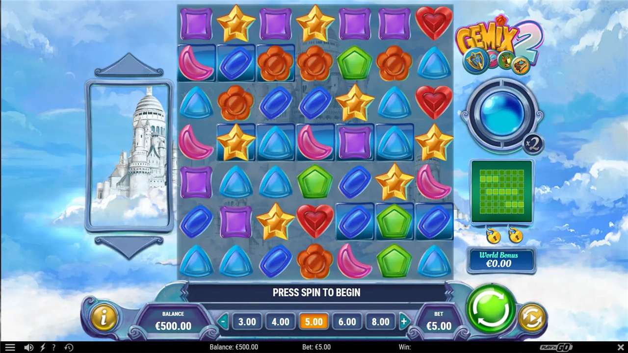 A cluster pays grid of gem symbols with no reels or paylines, showing the balance and bet selector below
