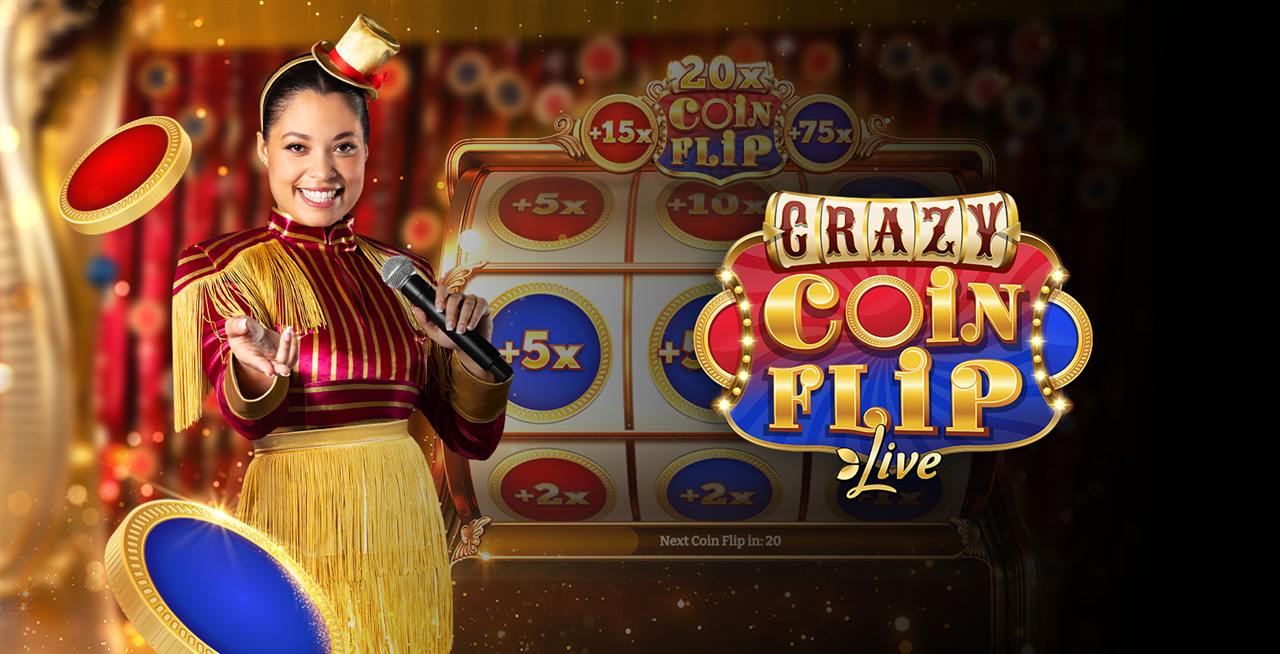 Crazy Coin Flip Live host beside the Top-Up slot with red and blue multiplier coins