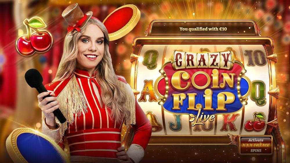 Crazy Coin Flip Live host in a ringmaster outfit beside the qualifying slot and the game logo