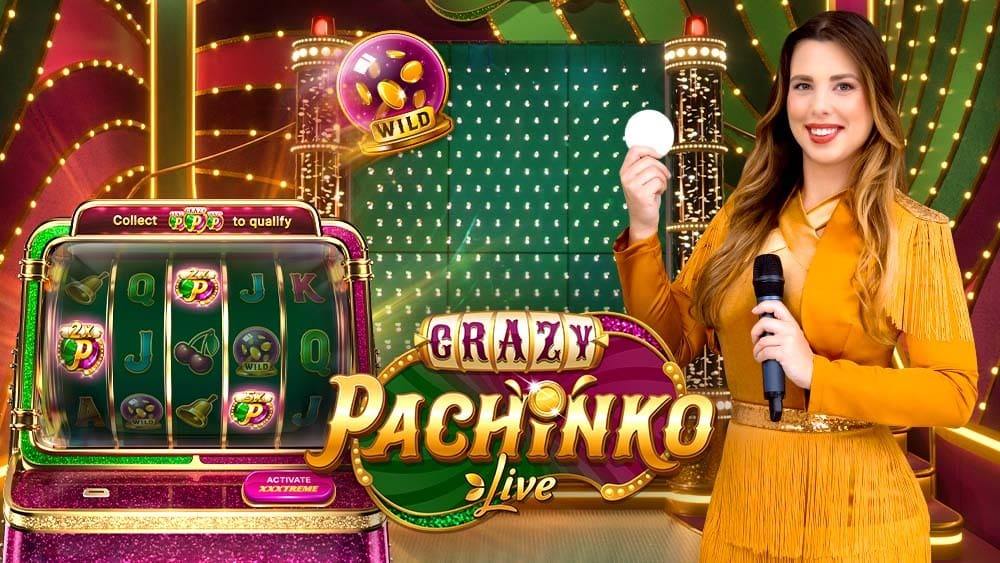 Crazy Pachinko Live key art with the qualification slot, the Pachinko wall of pegs and the game host holding the puck