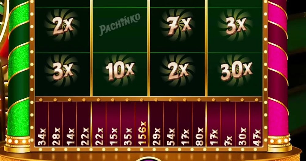 The crazy pachinko live Top-Up slot showing 2x, 7x, 3x, 10x and 30x multipliers above the sixteen sectors that carry values into the bonus round