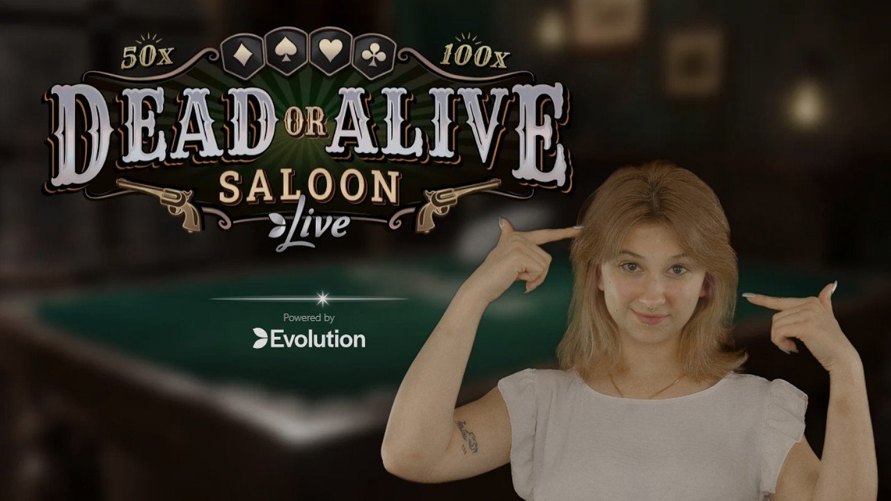 Dead or Alive Saloon Live logo with 50x and 100x cards beside a presenter, powered by Evolution