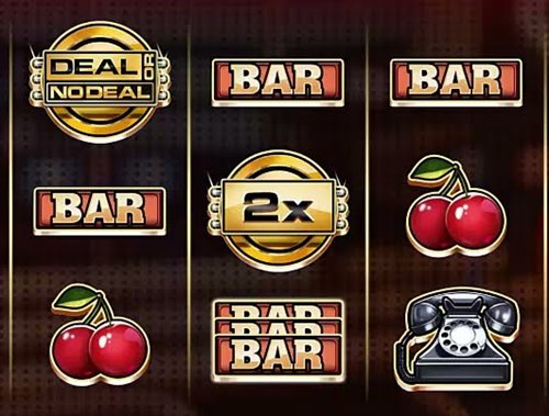 The deal or no deal live qualification slot showing the Deal or No Deal symbol, BAR symbols, cherries, a 2x multiplier and the banker phone