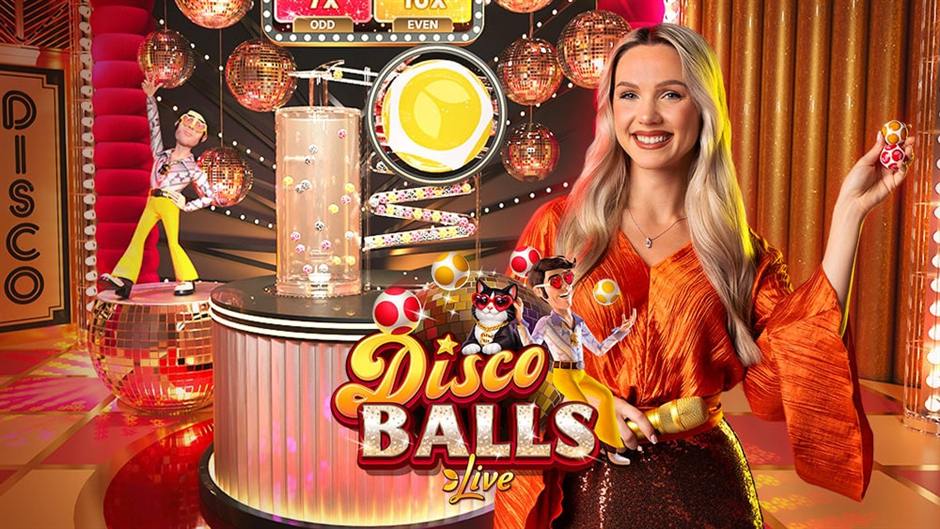 Disco Balls key art with mirror balls, the ball machine and the disco studio