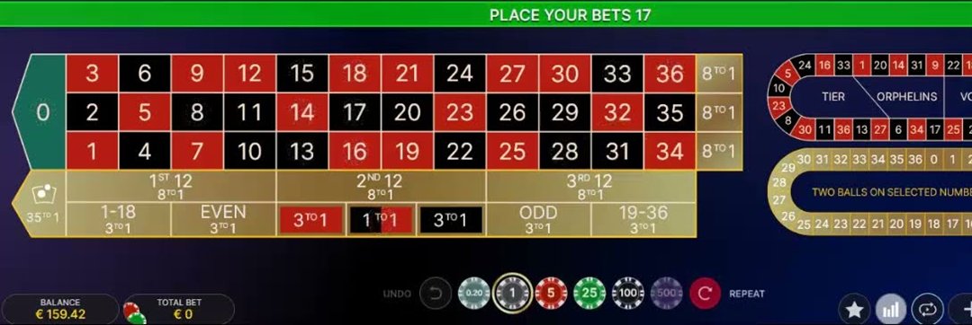 The double ball roulette live betting layout with 3 to 1 and 8 to 1 outside payouts, the racetrack and the 1300 to 1 selected number bet