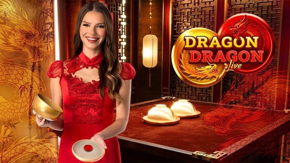 Dragon Dragon Live key art with the dealer holding a bowl and lid beside two covered bowls