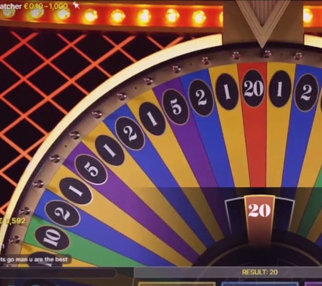 The dream catcher live money wheel with numbered stops for 1, 2, 5, 10, 20 and 40 under the pointer