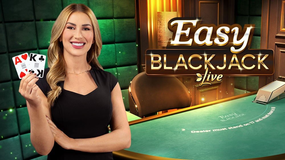 Easy Blackjack Live key art with the dealer holding an Ace and a King beside the green table