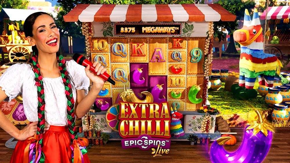 Extra Chilli Epic Spins Live key art with the presenter, the Megaways reels under a market-stall awning and a piÃ±ata