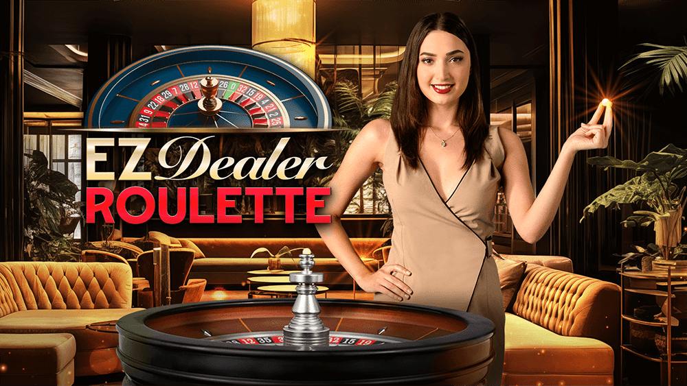 EZ Dealer Roulette key art with the dealer beside a European roulette wheel in a lounge studio