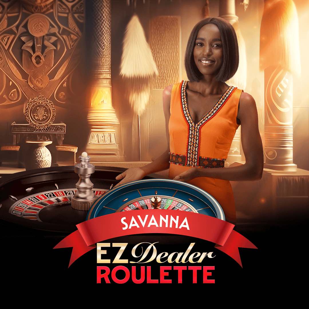 EZ Dealer Roulette Savanna art with the dealer in orange beside the wheel under a Savanna banner