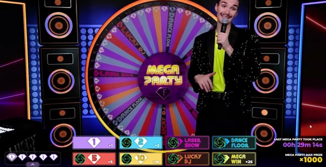 Fashion TV Mega Party wheel with the Mega Party disco ball, the presenter and the eight bet spots below