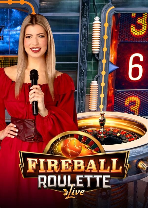 Fireball Roulette Live poster art with the presenter holding a microphone beside the wheel and the slot reel showing 6