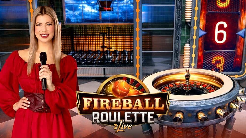 Fireball Roulette Live key art with the presenter in red, the automatic roulette wheel and the Bonus Number slot reel