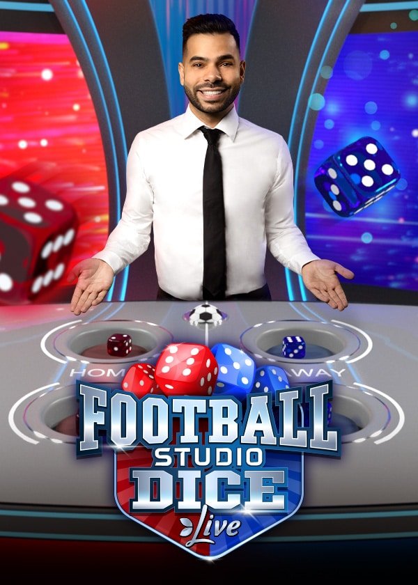 Football Studio Dice Live poster art with the presenter behind the HOME and AWAY dice shakers