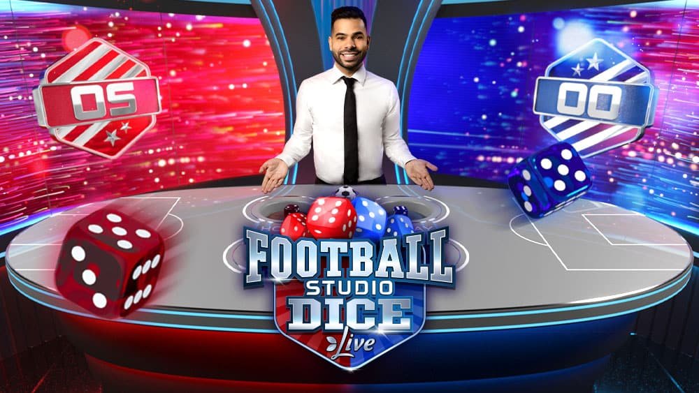 Football Studio Dice Live key art with the presenter at the pitch-style table between red HOME and blue AWAY dice