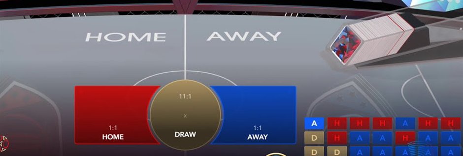Football studio betting areas showing Home and Away at 1 to 1 and Draw at 11 to 1 beside the results grid