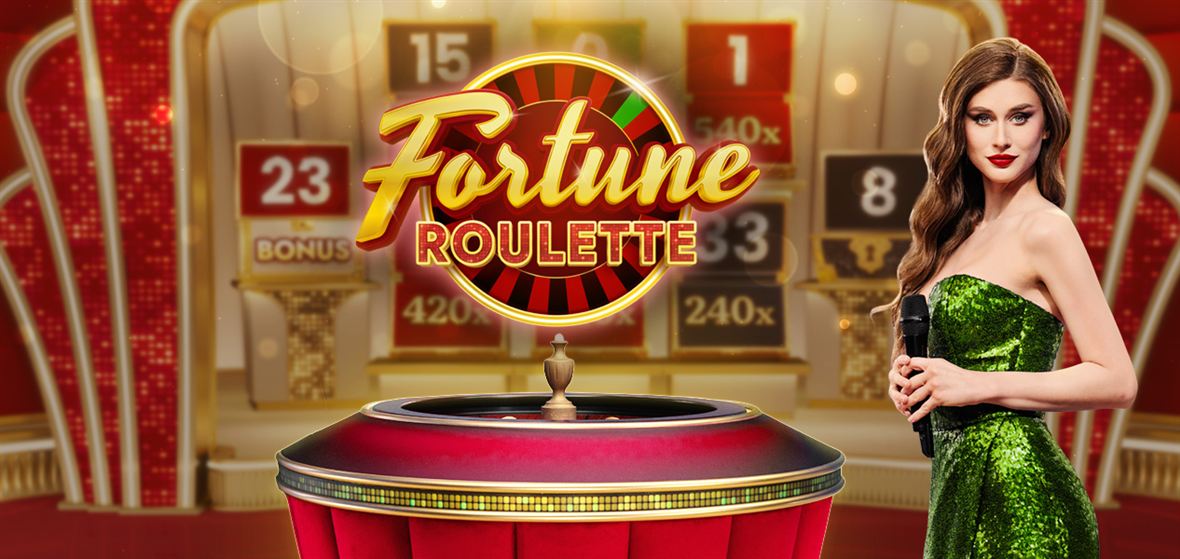 Fortune Roulette key art with the presenter in a green sequined gown beside the red-and-gold wheel and feature boards