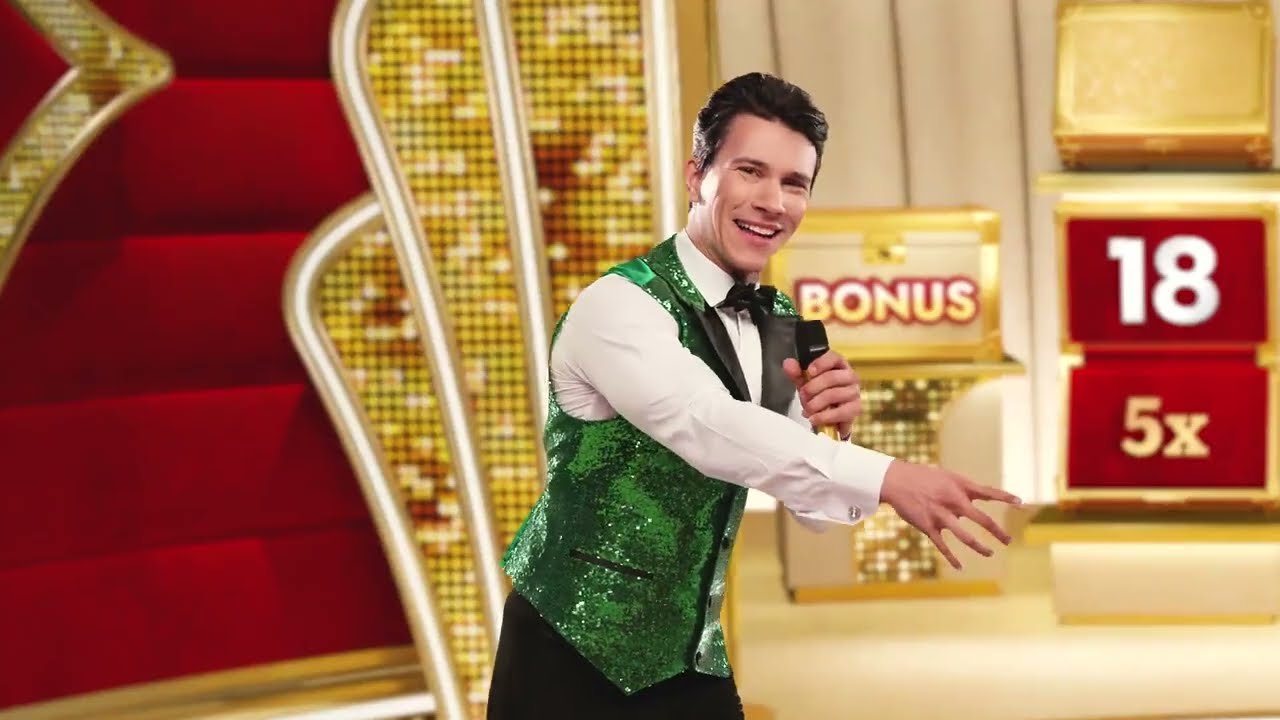 Fortune Roulette presenter in a green sequined jacket pointing toward Bonus and 5x feature boards