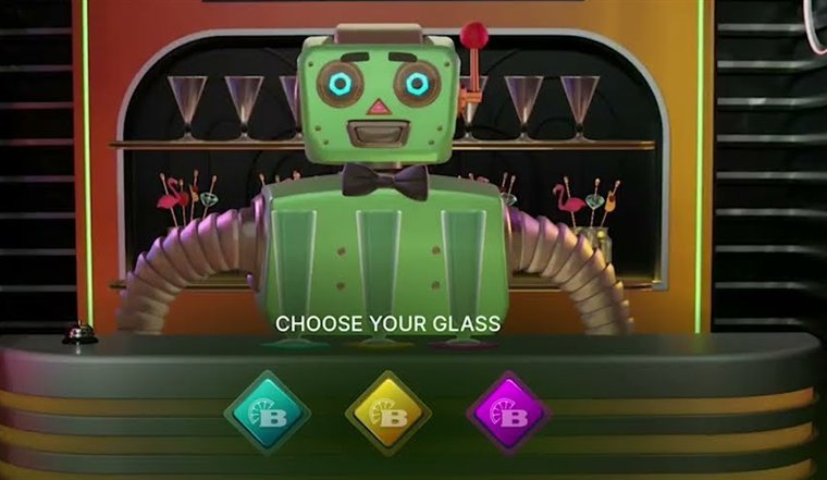 The funky time live Bar bonus with the robot bartender behind the counter and three glasses to choose from