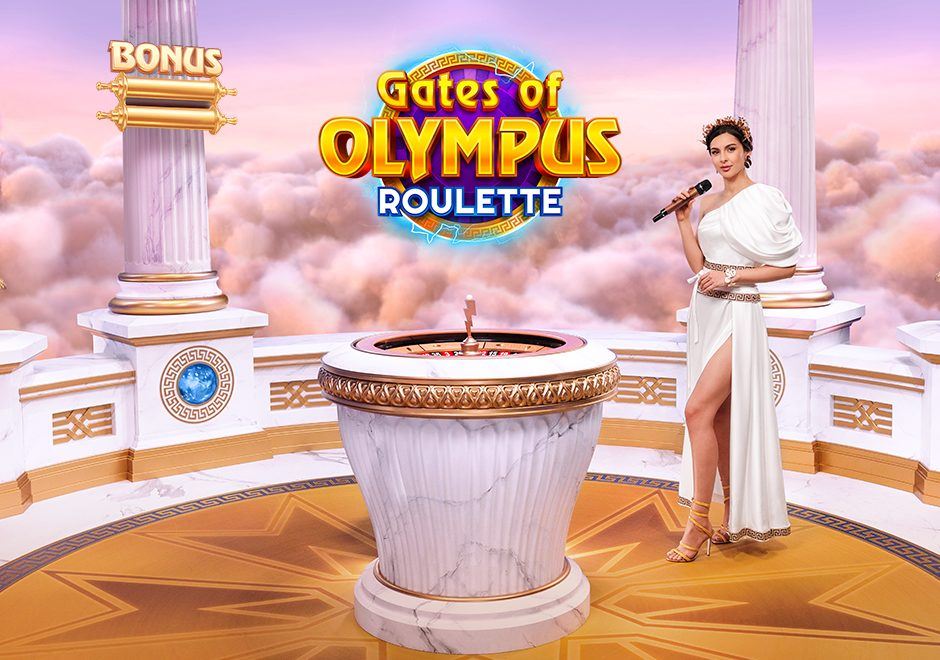 Gates of Olympus Roulette key art with the presenter in a white Greek-style dress beside the marble wheel on Mount Olympus