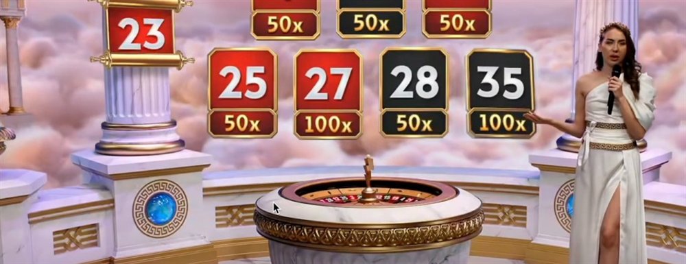 Gates of Olympus Roulette Lucky Numbers at 50x and 100x above the marble wheel, with Bonus Number 23 on a column