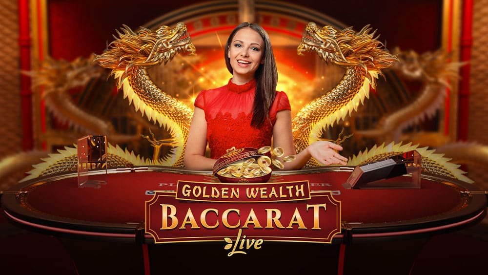 Golden Wealth Baccarat key art with the magical pot, golden cards and the red baccarat table