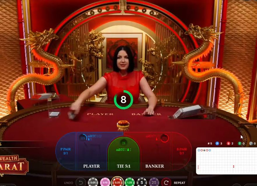 A golden wealth baccarat live table with the gold dragons, the magical pot and the Player, Tie, Banker and pair bet spots