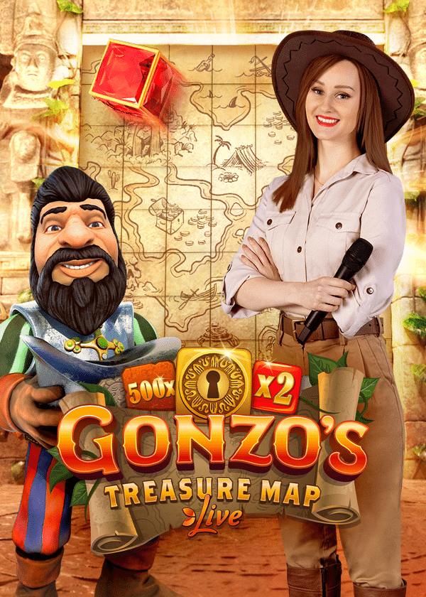 Gonzos Treasure Map Live poster art with the presenter in a safari hat beside Gonzo, a ruby block and the map wall
