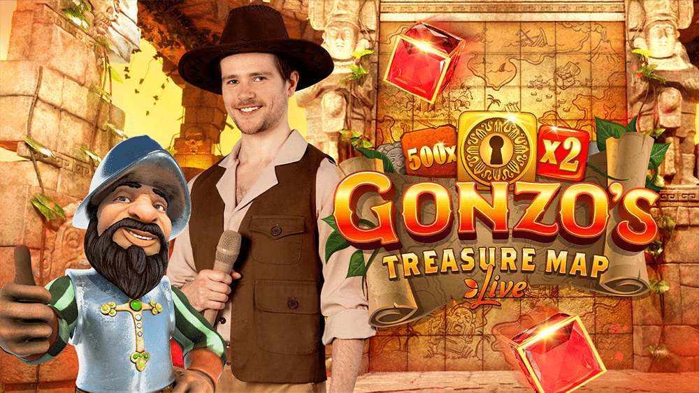 Gonzos Treasure Map Live key art with Gonzo, the presenter in explorer clothes and the carved treasure map wall