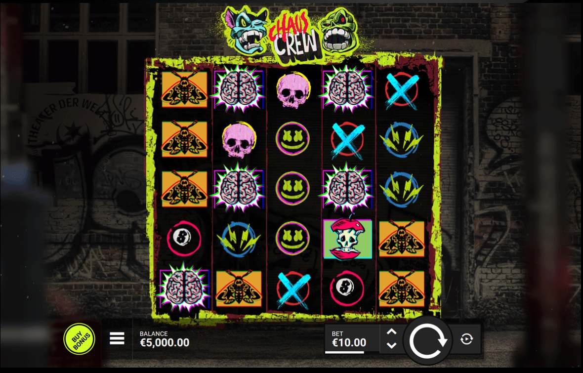 A five by five slot grid of graffiti style symbols with a buy bonus button beside the balance and bet fields