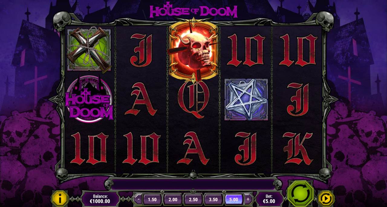 The House of Doom reels with skull, pentagram and gothic card symbols over a graveyard background
