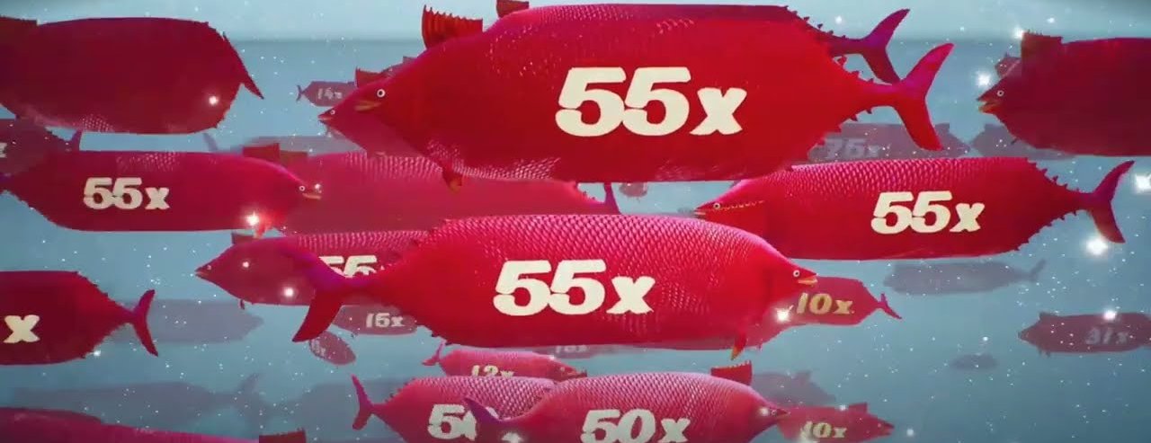 Red fish carrying 55x, 50x and 10x multipliers in the ice fishing live Huge Reds bonus round