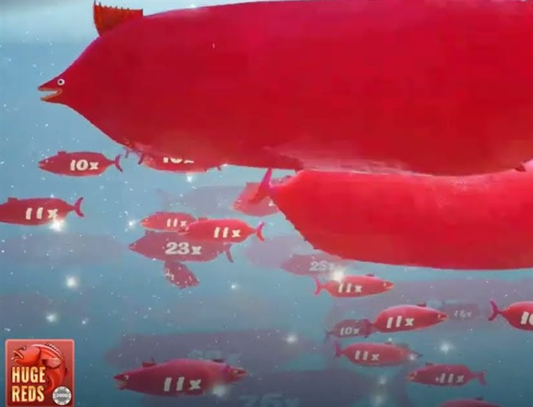 A school of red fish with multipliers from 10x to 76x swimming under the ice in the ice fishing live Huge Reds bonus